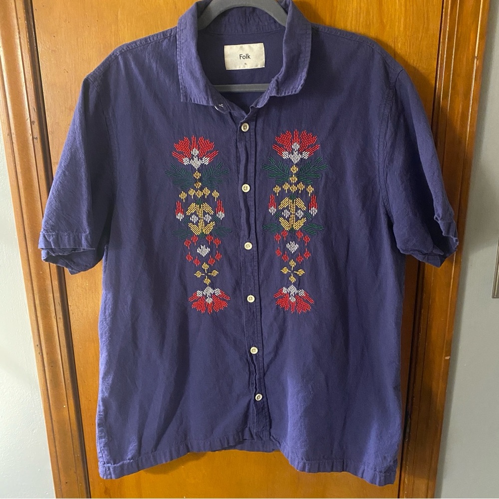 Folk Men's Casual Button Down Shirt - Blue with Red and Yellow Embroidery
